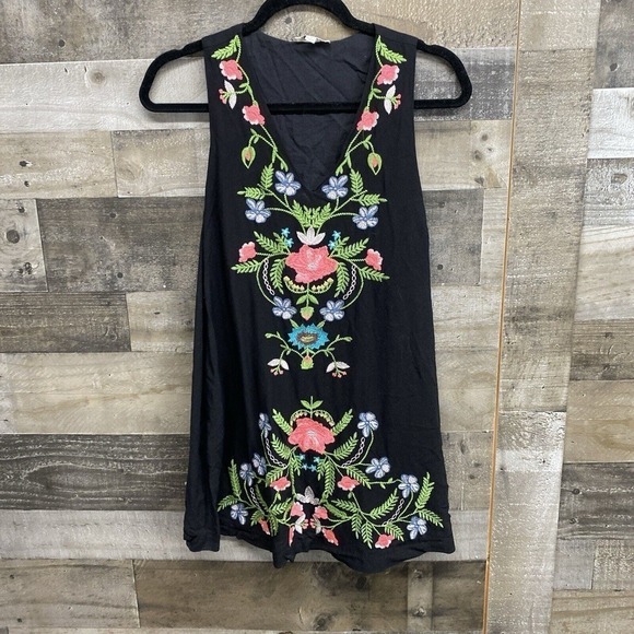 Umgee Small Boho Dress Heavy Floral Embroidered Lined Pockets Black Sleeveless - Picture 2 of 8